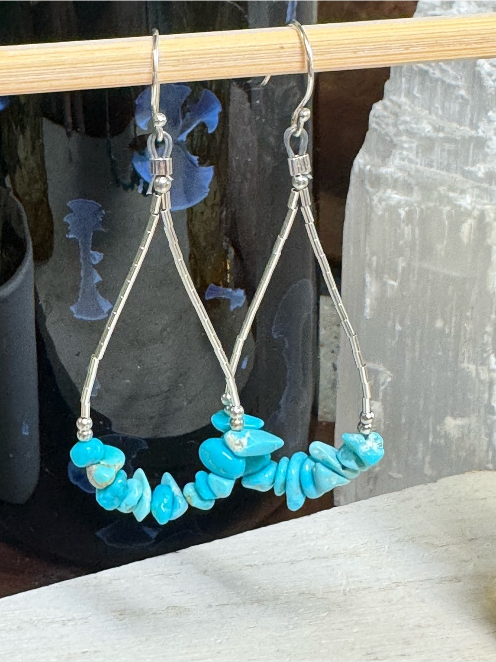 Sleeping Beauty Turquoise Chip Teardrop Hoop Liquid Silver Dangle Earrings